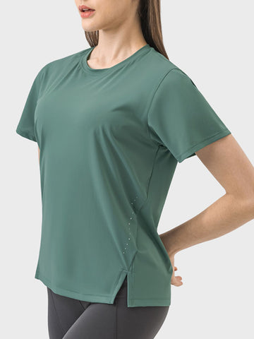 Slit Round Neck Short Sleeve Active T-Shirt