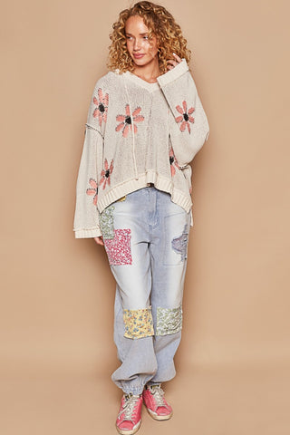 Floral Pattern Hooded High-Low Sweater