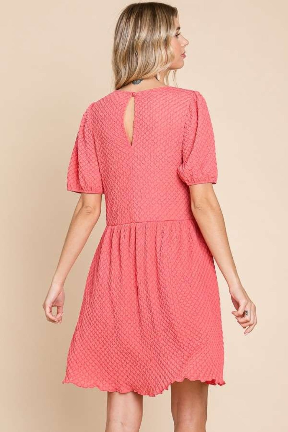 Full Size Textured Round Neck Puff Sleeve Dress