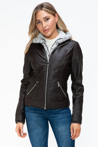 MI Faux Layered Double-Zipper Jacket with Fuzzy Hood