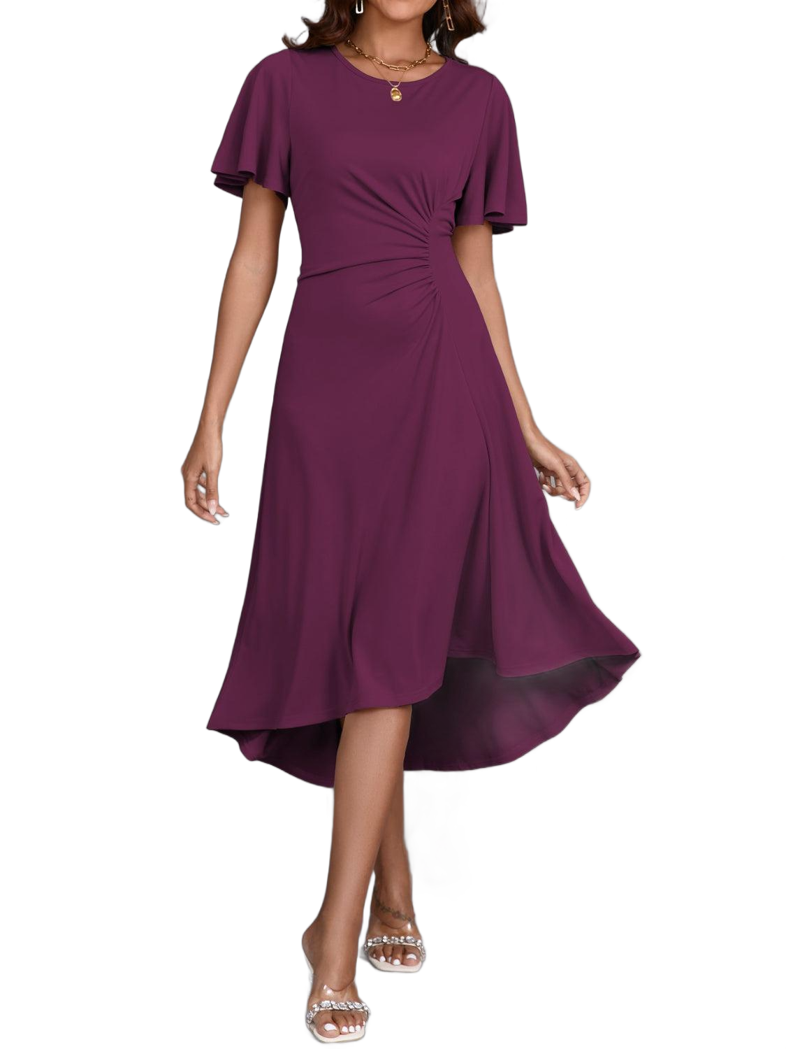 Round Neck Flutter Sleeve Midi Dress