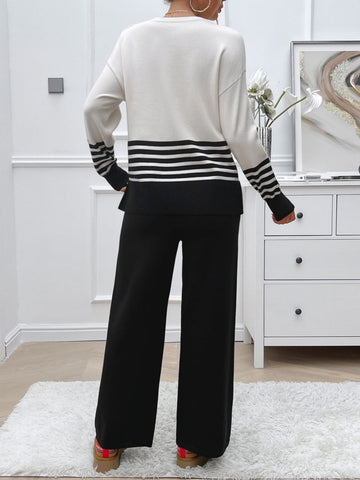 Slit Striped Round Neck Top and Pants Sweater Set