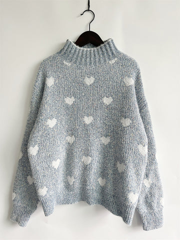 Heart Feathered Turtleneck Drop Shoulder Sweater