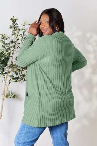 Full Size Ribbed Open Front Cardigan with Pockets