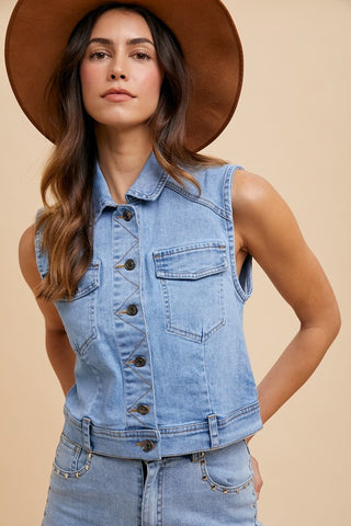 Collared Neck Button Down Denim Vest