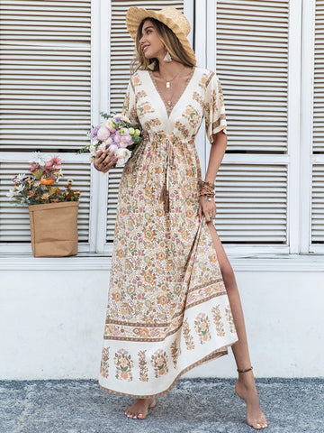 Drawstring Printed Plunge Half Sleeve Dress