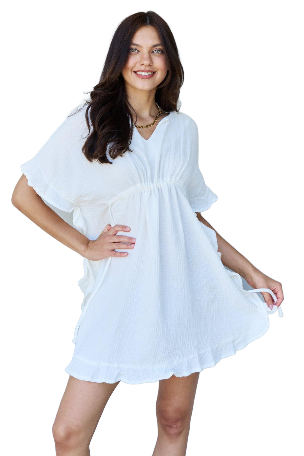 Full Size Ruffle Hem Dress with Drawstring Waistband in White