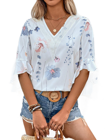 Ruffled Printed V-Neck Half Sleeve Blouse