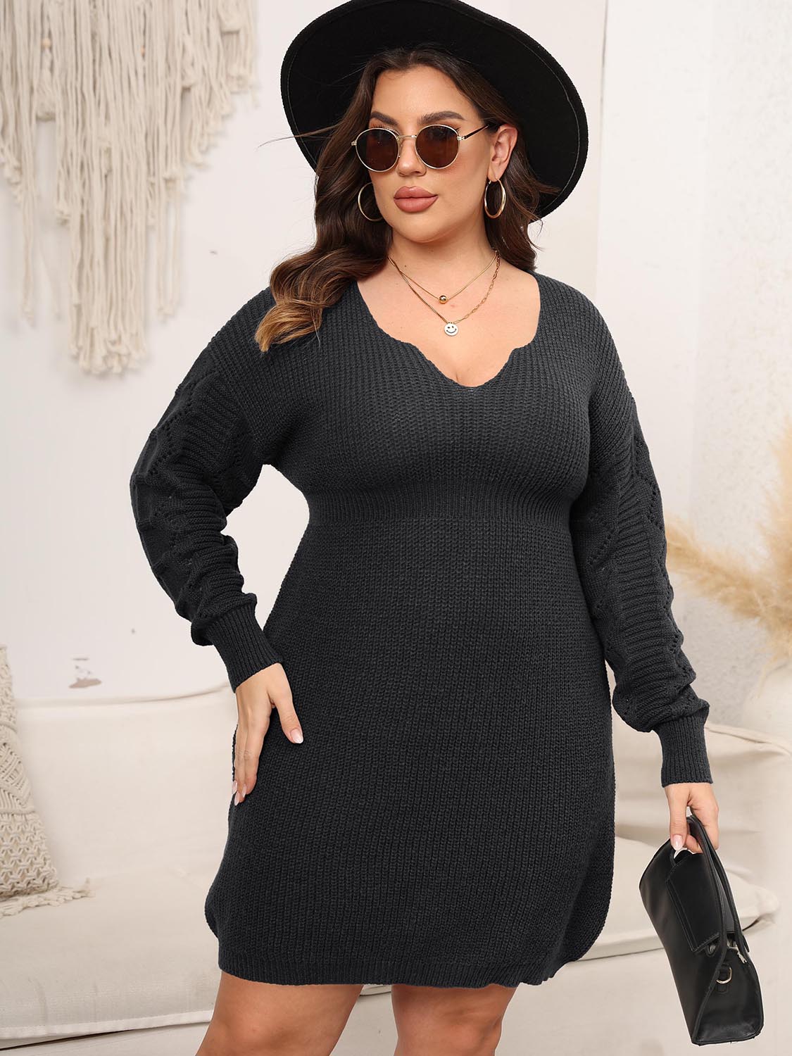 Plus Size Dropped Shoulder Long Sleeve Knit Mini Dress