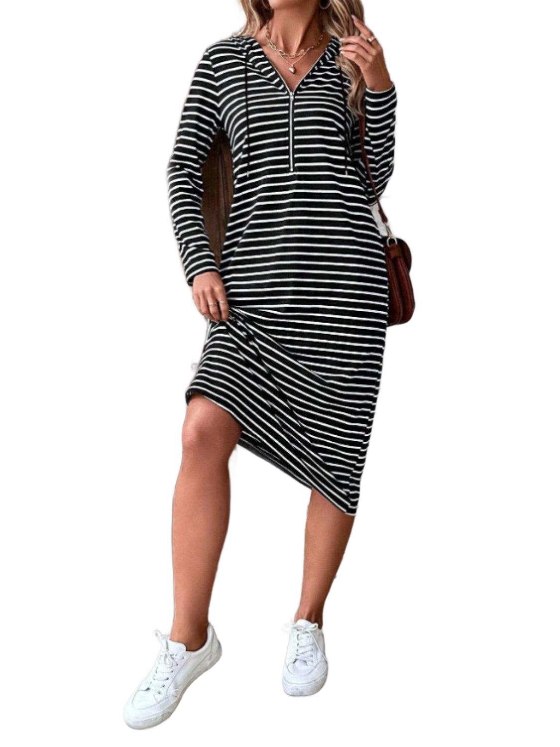 Striped Zip Front Hooded Dress