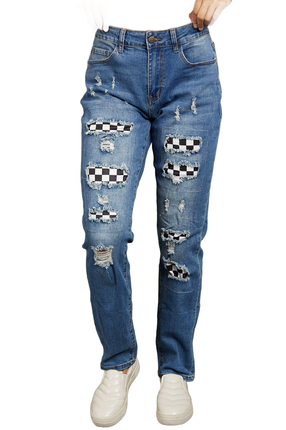 Baleful Checkered Patchwork Mid-Waist Distressed Jeans