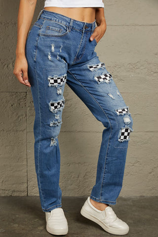 Baleful Checkered Patchwork Mid-Waist Distressed Jeans - null - All Female Kind - Trendsi - Hoodies For All Kind - 100100919900148 - 100100919900148