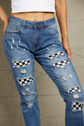 Baleful Checkered Patchwork Mid-Waist Distressed Jeans - null - All Female Kind - Trendsi - Hoodies For All Kind - 100100919900148 - 100100919900148