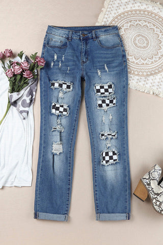 Baleful Checkered Patchwork Mid-Waist Distressed Jeans - null - All Female Kind - Trendsi - Hoodies For All Kind - 100100919900148 - 100100919900148