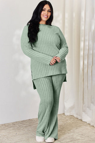  Full Size Ribbed High-Low Top and Wide Leg Pants Set - null - All Female Kind - Trendsi - Hoodies For All Kind - 100102024697230 - 100102024697230