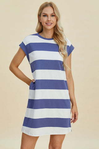  Full Size Striped Round Neck Cap Sleeve Mini Dress - null - All Female Kind - Trendsi - Hoodies For All Kind - 100100418651317 - 100100418651317