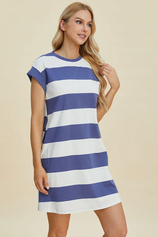  Full Size Striped Round Neck Cap Sleeve Mini Dress - null - All Female Kind - Trendsi - Hoodies For All Kind - 100100418651317 - 100100418651317