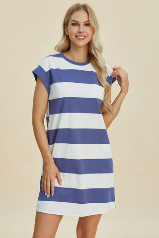  Full Size Striped Round Neck Cap Sleeve Mini Dress - null - All Female Kind - Trendsi - Hoodies For All Kind - 100100418651317 - 100100418651317