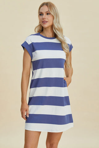  Full Size Striped Round Neck Cap Sleeve Mini Dress - null - All Female Kind - Trendsi - Hoodies For All Kind - 100100418651317 - 100100418651317