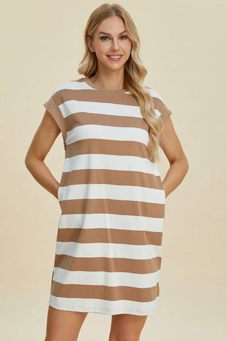  Full Size Striped Round Neck Cap Sleeve Mini Dress - null - All Female Kind - Trendsi - Hoodies For All Kind - 100100418651317 - 100100418651317