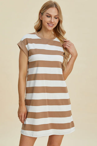  Full Size Striped Round Neck Cap Sleeve Mini Dress - null - All Female Kind - Trendsi - Hoodies For All Kind - 100100418651317 - 100100418651317