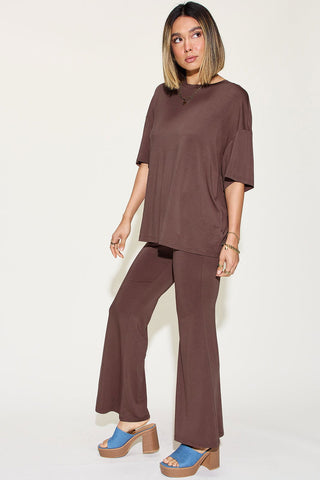  Full Size Bamboo Drop Shoulder T-Shirt and Flare Pants Set - null - All Female Kind - Trendsi - Hoodies For All Kind - 100100614931347 - 100100614931347