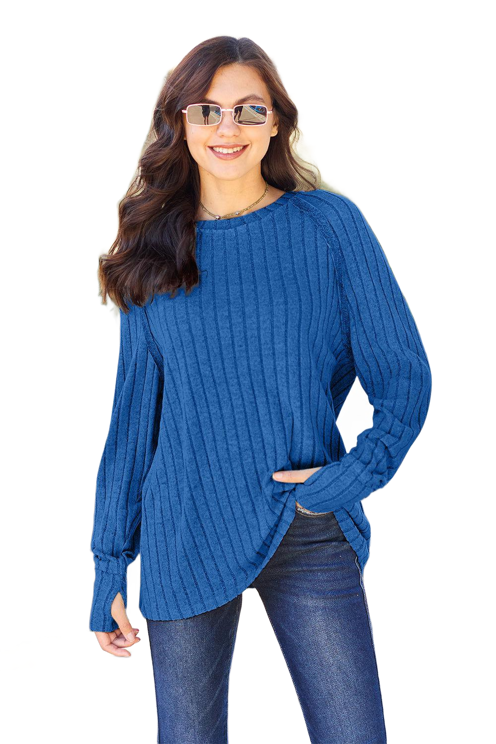 Full Size Ribbed Round Neck Long Sleeve Knit Top