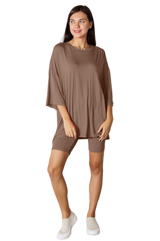 Full Size Soft Rayon Three-Quarter Sleeve Top and Shorts Set