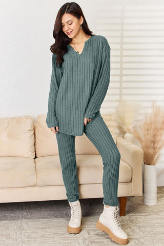  Full Size Notched Long Sleeve Top and Pants Set - null - All Female Kind - Trendsi - Hoodies For All Kind - 100100183886464 - 100100183886464