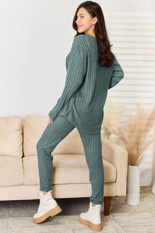  Full Size Notched Long Sleeve Top and Pants Set - null - All Female Kind - Trendsi - Hoodies For All Kind - 100100183886464 - 100100183886464