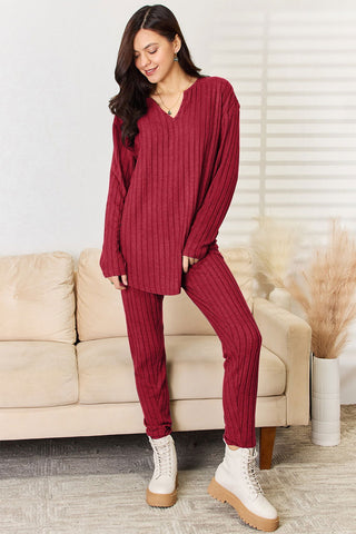  Full Size Notched Long Sleeve Top and Pants Set - null - All Female Kind - Trendsi - Hoodies For All Kind - 100100183886464 - 100100183886464