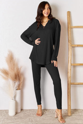  Full Size Notched Long Sleeve Top and Pants Set - null - All Female Kind - Trendsi - Hoodies For All Kind - 100100183886464 - 100100183886464