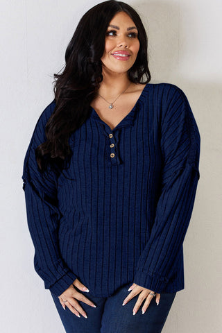  Full Size Ribbed Half Button Long Sleeve T-Shirt - null - All Female Kind - Trendsi - Hoodies For All Kind - 100101878482568 - 100101878482568