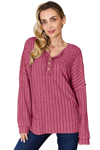 Full Size Ribbed Half Button Long Sleeve T-Shirt