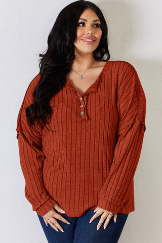  Full Size Ribbed Half Button Long Sleeve T-Shirt - null - All Female Kind - Trendsi - Hoodies For All Kind - 100101878482568 - 100101878482568