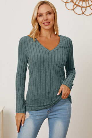  Full Size Ribbed V-Neck Long Sleeve T-Shirt - null - All Female Kind - Trendsi - Hoodies For All Kind - 100101792185703 - 100101792185703