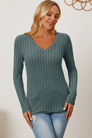  Full Size Ribbed V-Neck Long Sleeve T-Shirt - null - All Female Kind - Trendsi - Hoodies For All Kind - 100101792185703 - 100101792185703