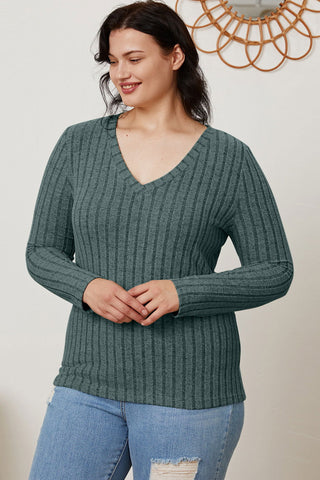  Full Size Ribbed V-Neck Long Sleeve T-Shirt - null - All Female Kind - Trendsi - Hoodies For All Kind - 100101792185703 - 100101792185703