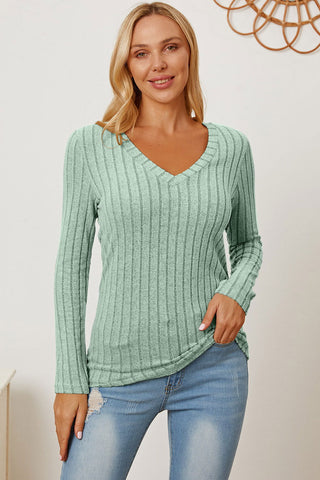  Full Size Ribbed V-Neck Long Sleeve T-Shirt - null - All Female Kind - Trendsi - Hoodies For All Kind - 100101792185703 - 100101792185703