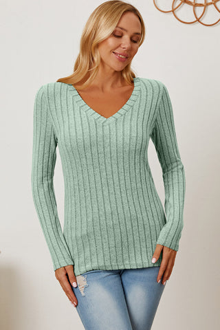  Full Size Ribbed V-Neck Long Sleeve T-Shirt - null - All Female Kind - Trendsi - Hoodies For All Kind - 100101792185703 - 100101792185703