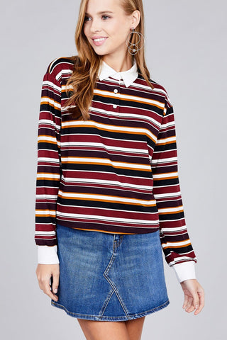 Ladies fashion plus size long sleeve multi striped day brushed shirts