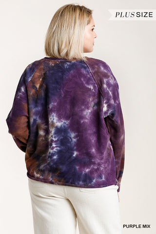 French Terry Tie-dye Raglan Long Sleeve Top With Raw Hem