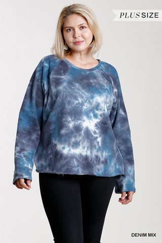 French Terry Tie-dye Raglan Long Sleeve Top With Raw Hem