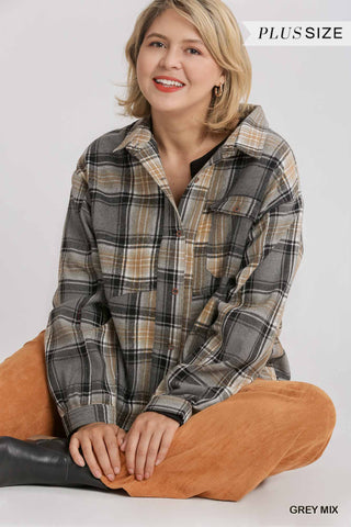 Plaid Collar Button Down Over shirt With Front Pockets