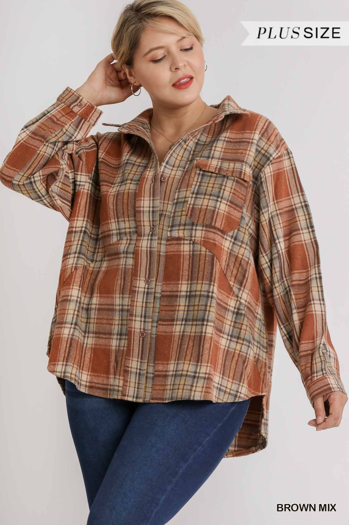 Plaid Collar Button Down Over shirt With Front Pockets