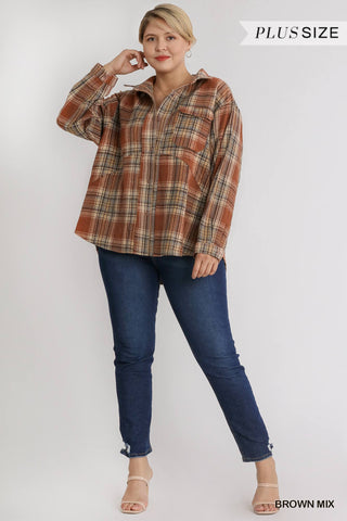 Plaid Collar Button Down Over shirt With Front Pockets