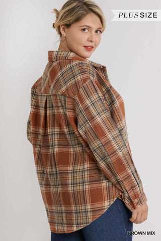 Plaid Collar Button Down Over shirt With Front Pockets