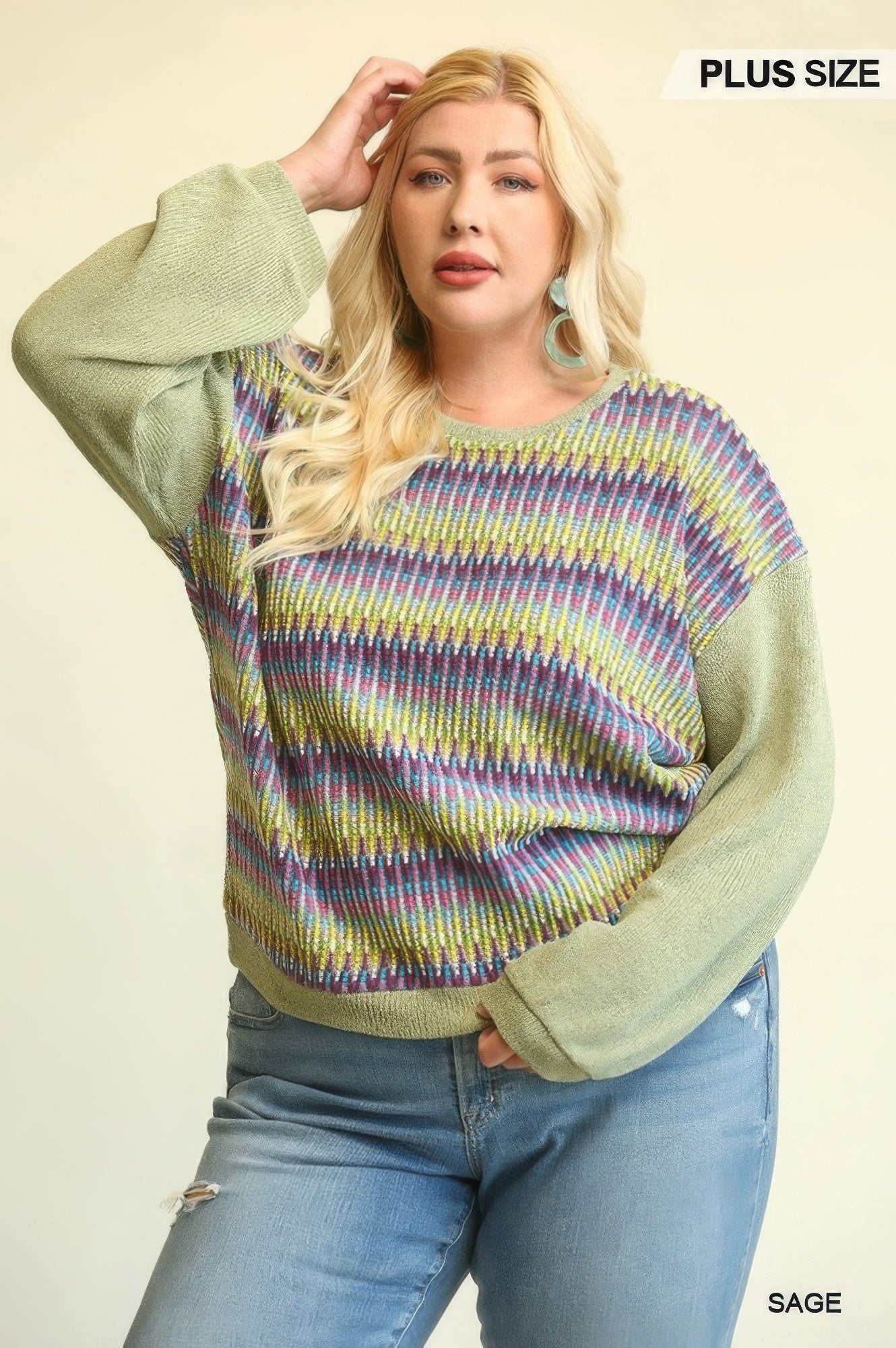 Novelty Knit And Solid Knit Mixed Loose Top With Drop Shoulder