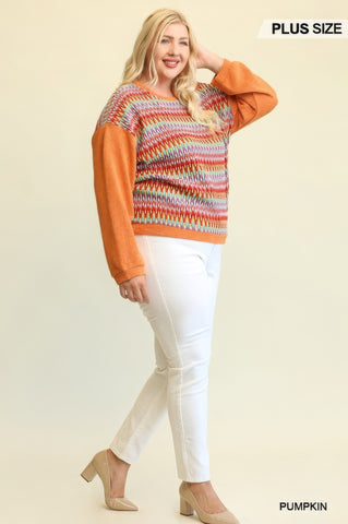 Novelty Knit And Solid Knit Mixed Loose Top With Drop Shoulder