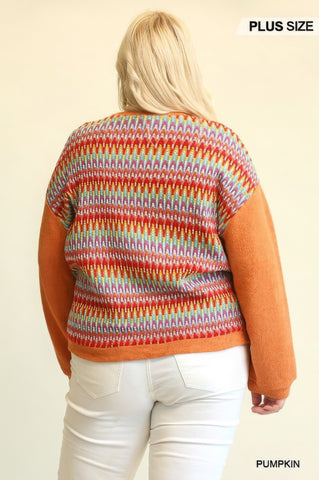 Novelty Knit And Solid Knit Mixed Loose Top With Drop Shoulder